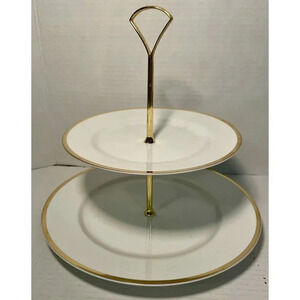 The Cellar 2-Tier Gold Rim Cake Tray Server Bottom‎ 10.25 In Top 7.75 In Vintage